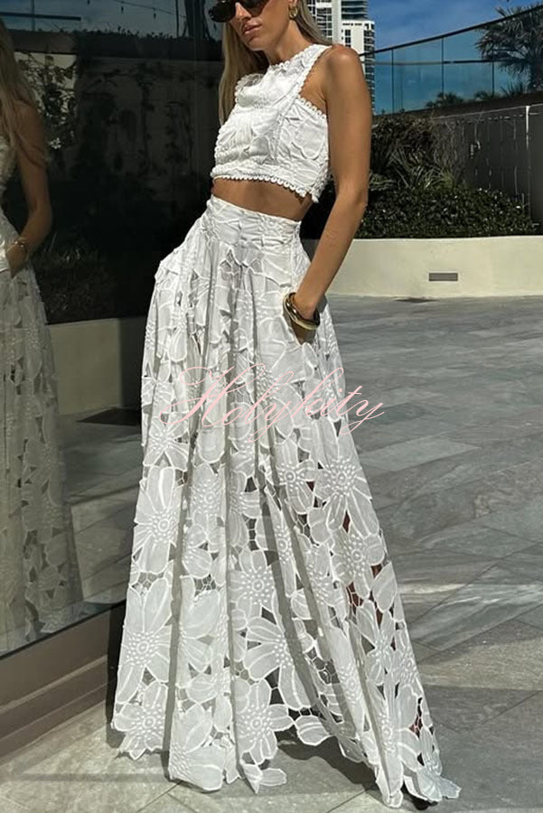 Next Trip Floral Embroidery Crochet Lace Elastic Waist Pocket Maxi Skirt