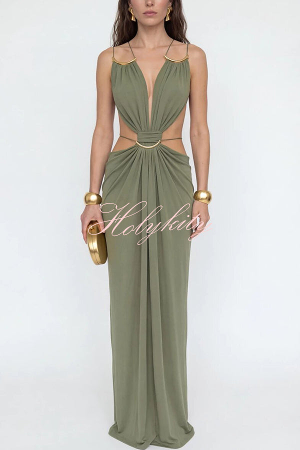 Athena Metal-Link Cutout Design Back Lace-up Drape Maxi Dress
