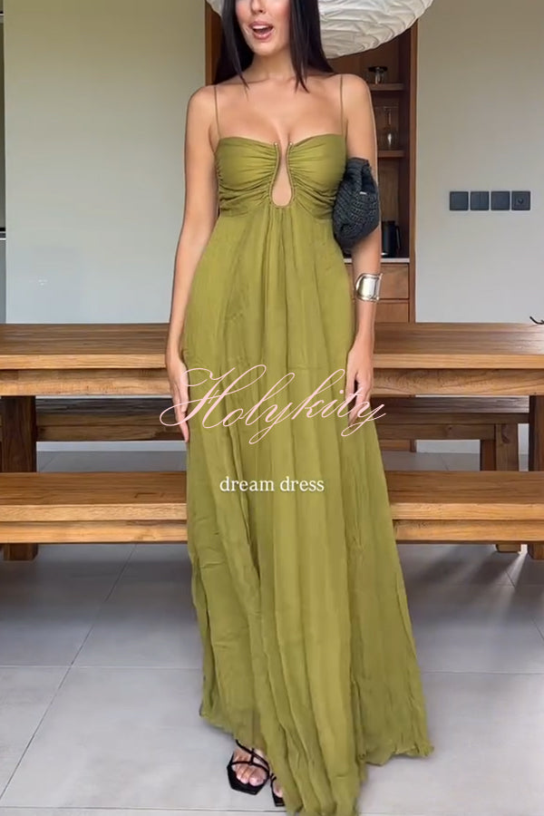 Soft and Elegant Metal Hollow Design Back Smocked A-line Slip Maxi Dress