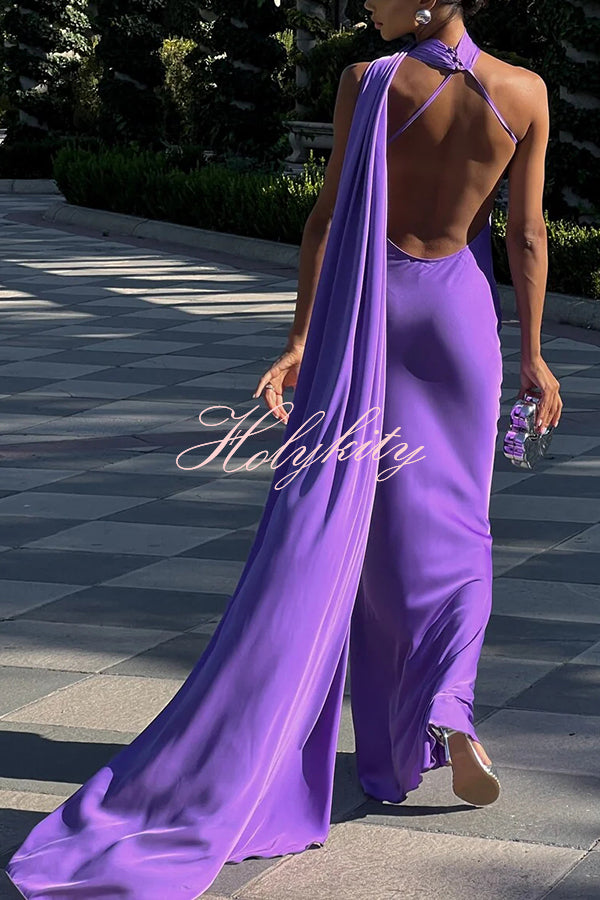 Crush on You Satin One Shoulder Backless Cape Maxi Dress