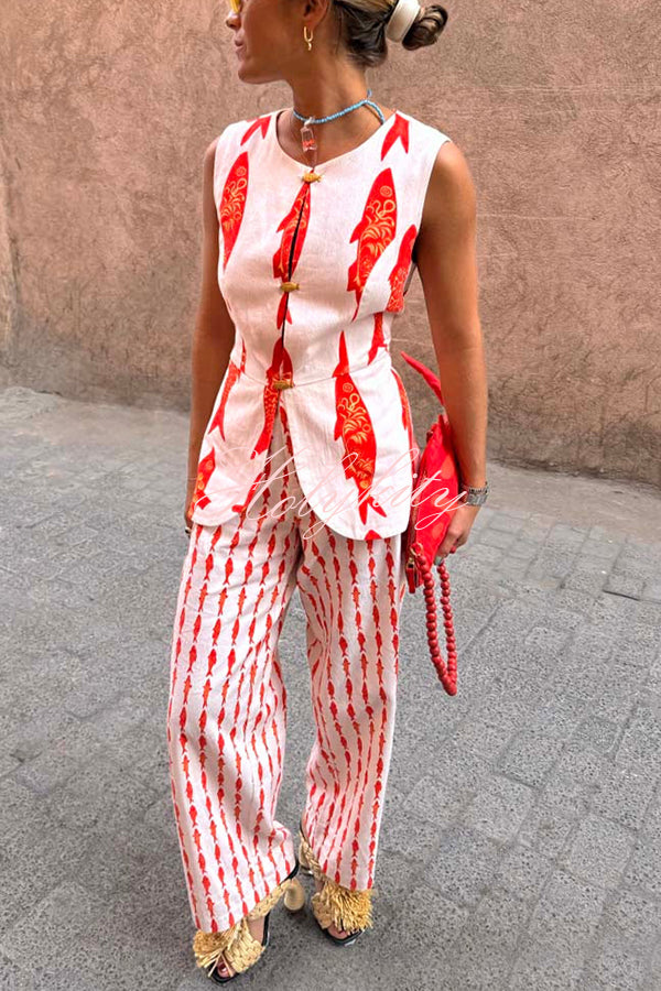 Good Luck Linen Blend Koi Pattern Metal Buttons Waisted Vest