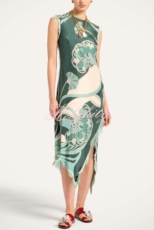 Bohemian Style Floral Print Tassel Trim Irregular Hem Slit Scarf Midi Dress