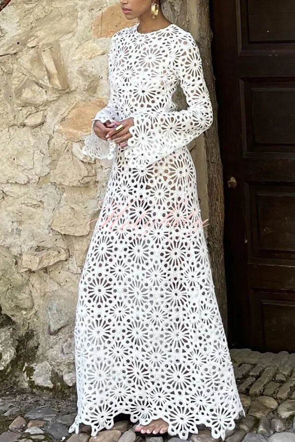 Easy Resort Knit Crochet Cutout Long Sleeve Reversible Vacation Maxi Dress