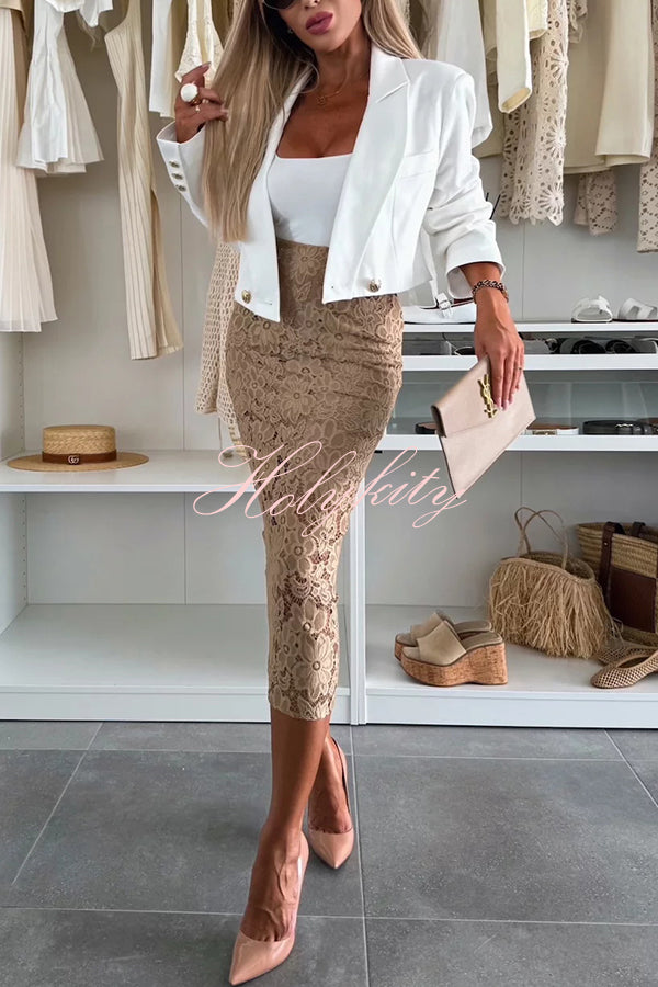 Lesia Floral Lace High Rise Slit Stretch Midi Skirt