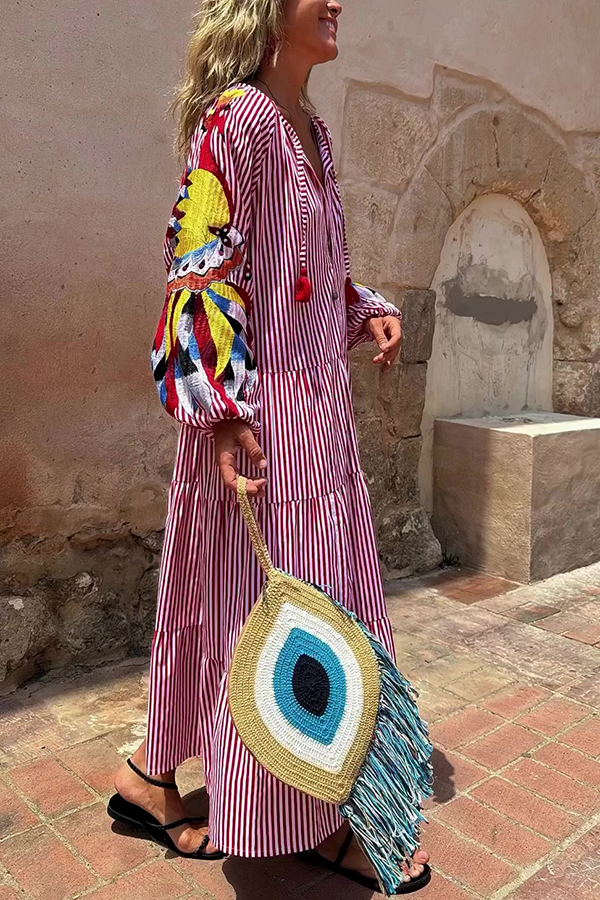 Unique Printed V-neck Lace-up Balloon Sleeves Loose Maxi Dress