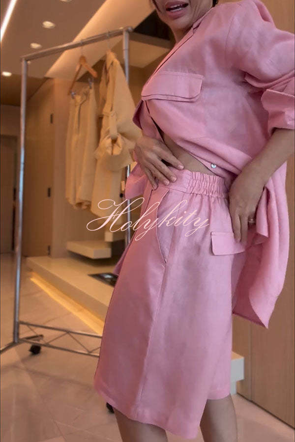 Solyn Linen Blend Double-layer Flap Long Sleeve Shirt and Elastic Waist Pocket Bahamian Shorts Set