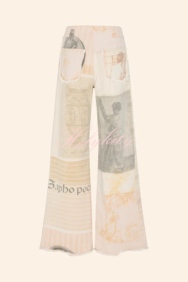 Historic Imagery Unique Print High Rise Pocketed Wide Leg Jeans