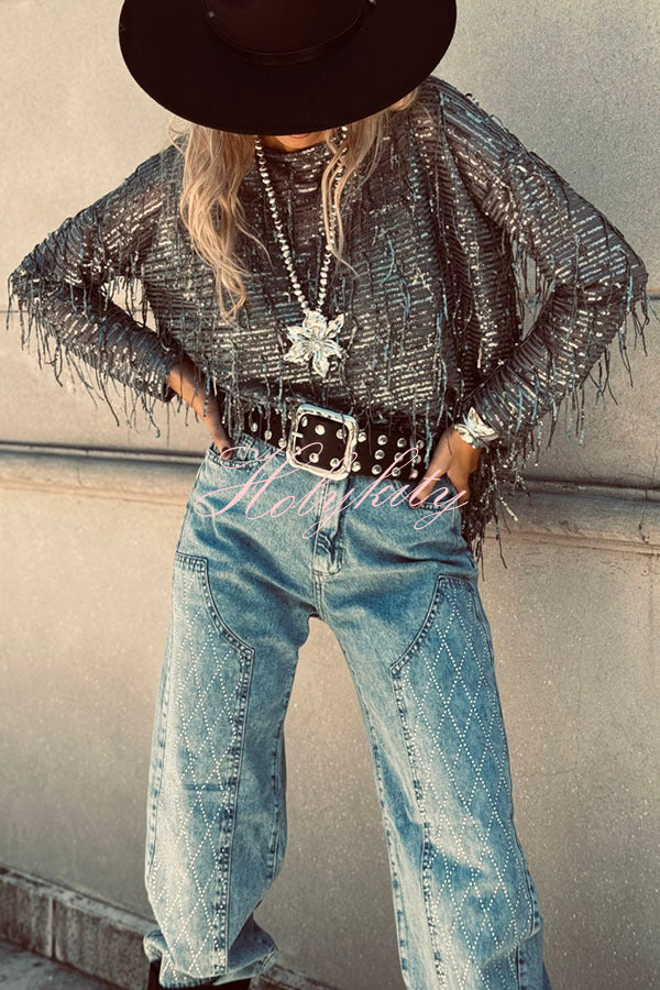 Party Crasher Sequin Tassle Fabric Long Sleeve Loose Top