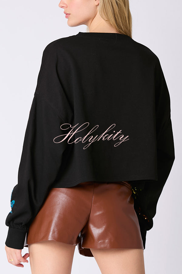 Halloween Skull Sequin Loose Crop Casual Sweatshirt