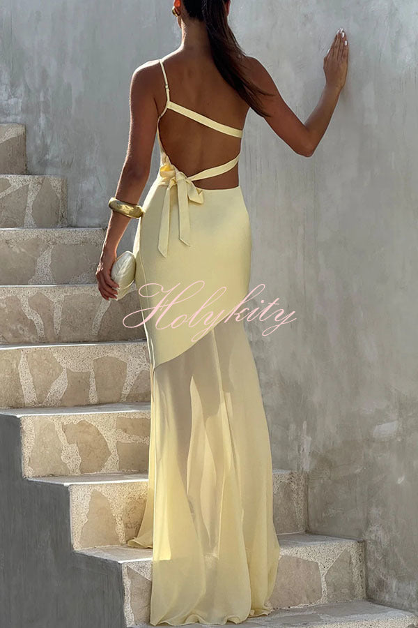 Fable Satin One Shoulder Back Adjustable Straps Contrast Chiffon Hem Maxi Dress