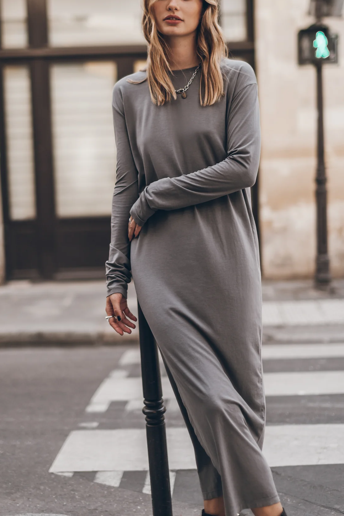 The Bedisse Cotton Blend Long Sleeve Relaxed Slit Midi Dress