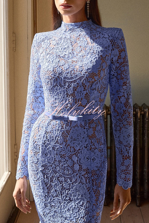 Feminine and Elegant Flower Lace Long Sleeve Bow Belted Flare Midi Dress