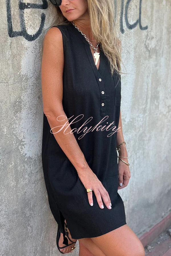 Solid Color Sleeveless V-neck Casual Pocket Mini Dress