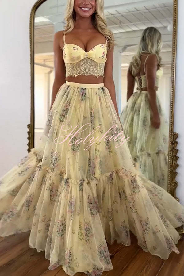 Vita Floral Satin Bow Lace Back Lace-up Crop Tank and Tulle High Rise A-line Maxi Skirt Set