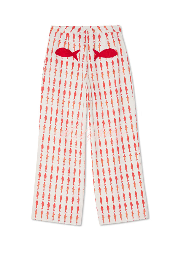 Good Luck Linen Blend Koi Pattern High Rise Elastic Waist Loose Pants