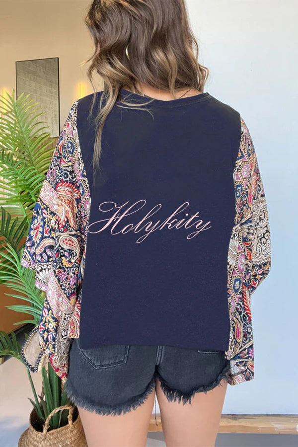Unique Ethnic Print Batwing Sleeve Loose Top