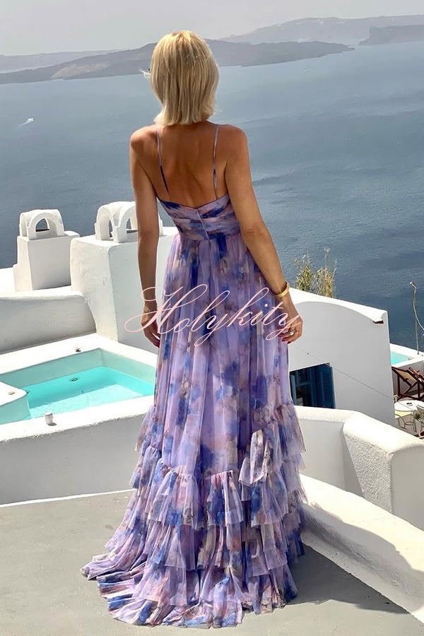 Dreamy Clouds Tulle Printed Rose Detail Cutout Ruffles Tiered Halter Maxi Dress