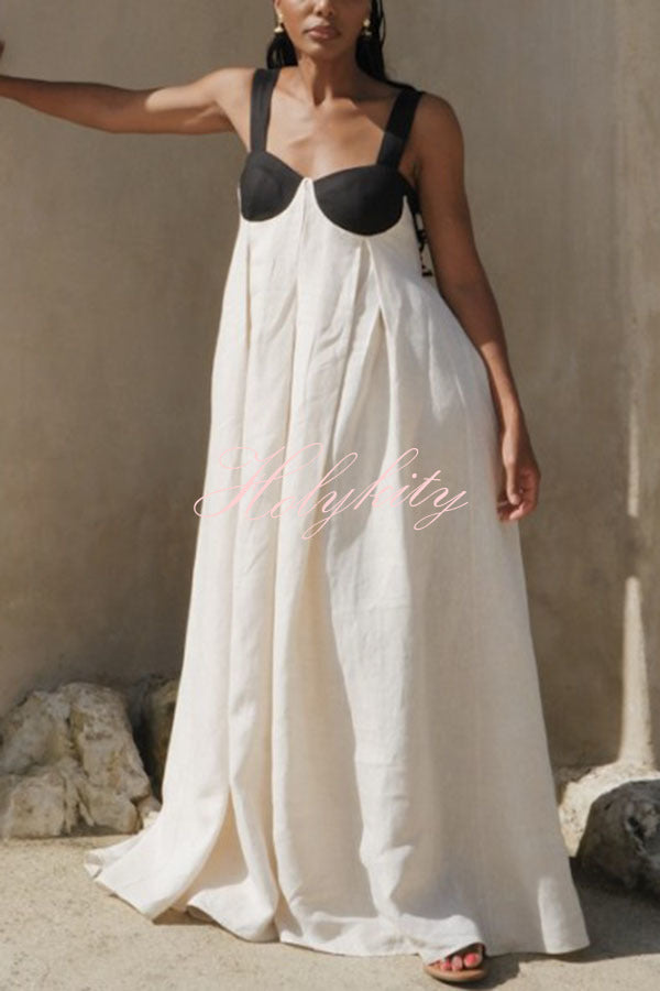 Jordina Linen Blend Colorblock Cups Backless Tie-up Loose Maxi Dress