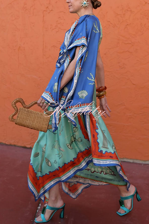 Surrealist Summer Satin Unique Print Tie-up Details Layered Hem Scarf Maxi Dress