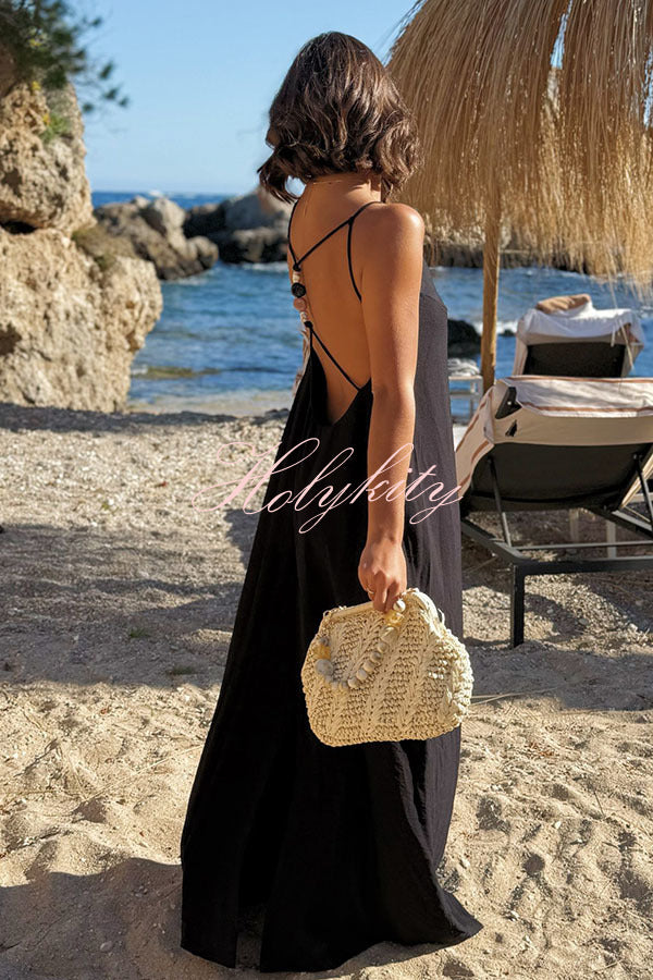 Sunny Beach Straps Unique Beaded Detail Backless Slit Maxi Dress