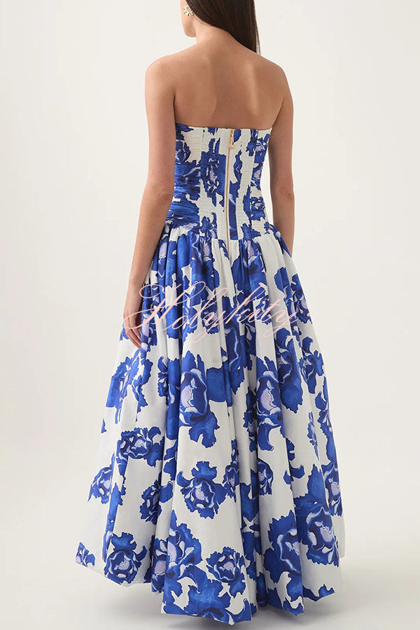 Perfect Moment Floral Off Shoulder Ruched Bodice Drape Bubble Hem Maxi Dress