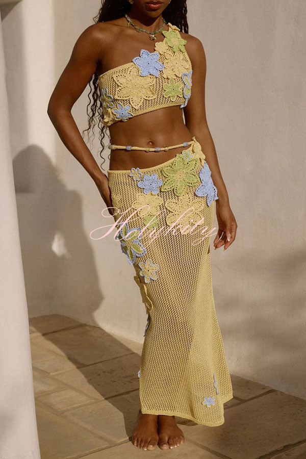 Luxe Knit Crochet Handmade Flower Beaded Waist Stretch Maxi Skirt