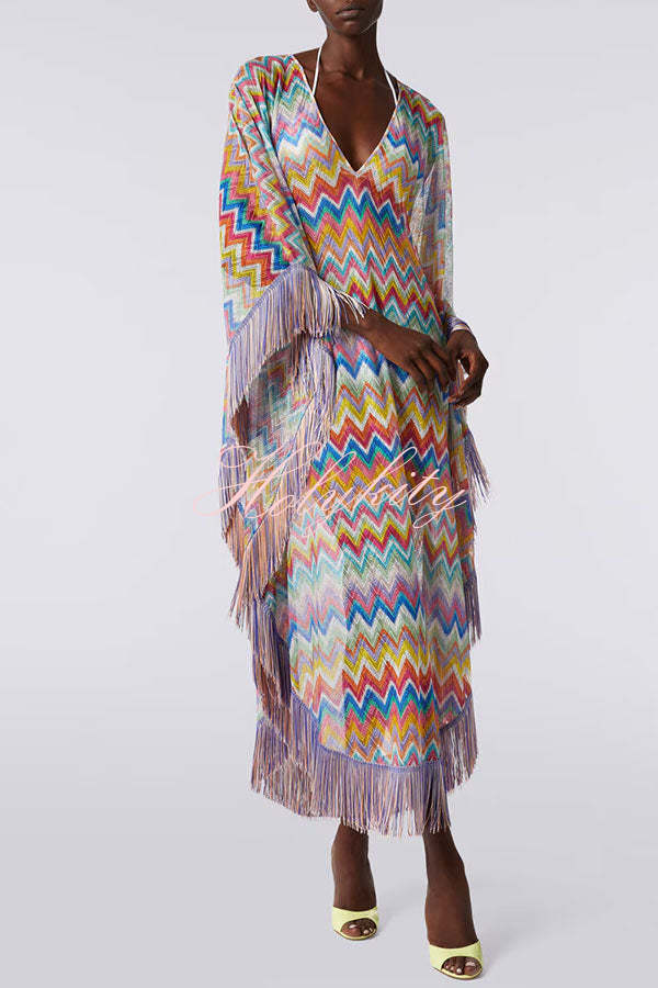 Casie Knit Colorful Zigzag Pattern Fringe Trim Cover-up Vacation Maxi Dress