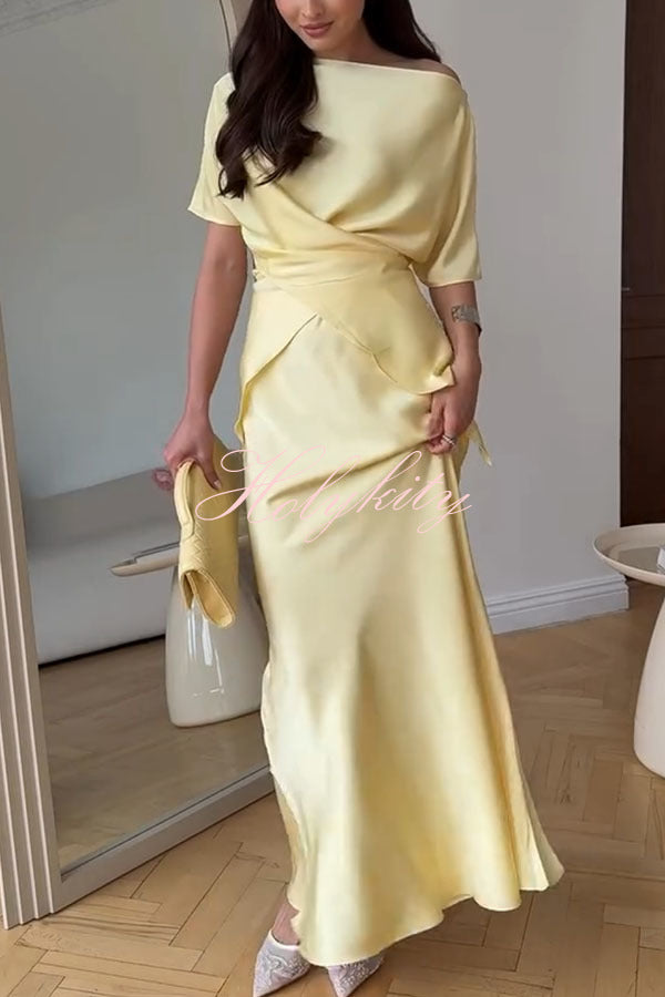 Secret of Elegance Satin Slit Back Lace-up Top and Elastic Waist Flare Maxi Skirt Set