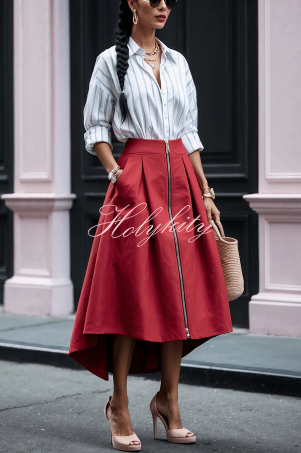 Effortless Charm Front Zipper Detail Pocketed High Low Pleated Midi Skirt