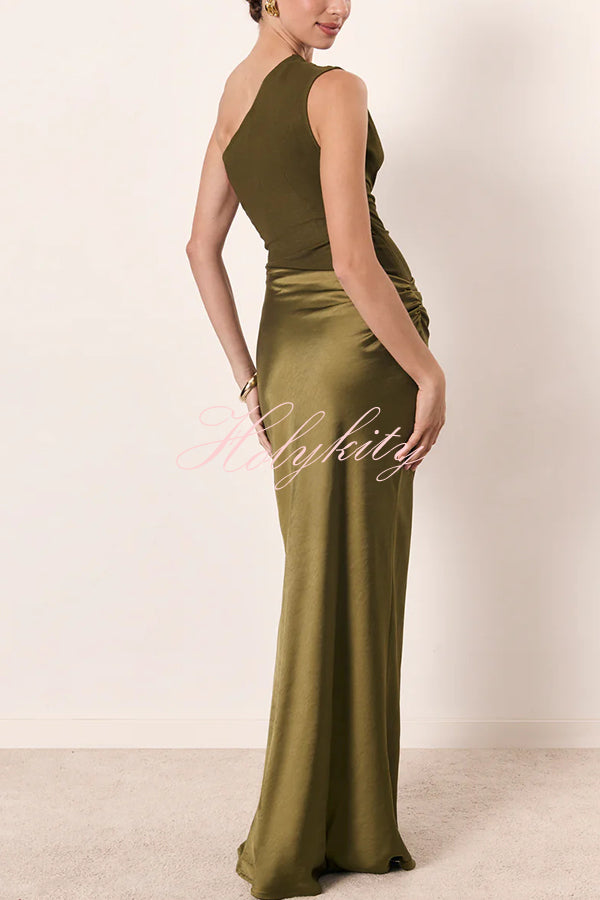 Kaia Satin Contrast Fabric Patchwork One Shoulder Ruched Maxi Dress