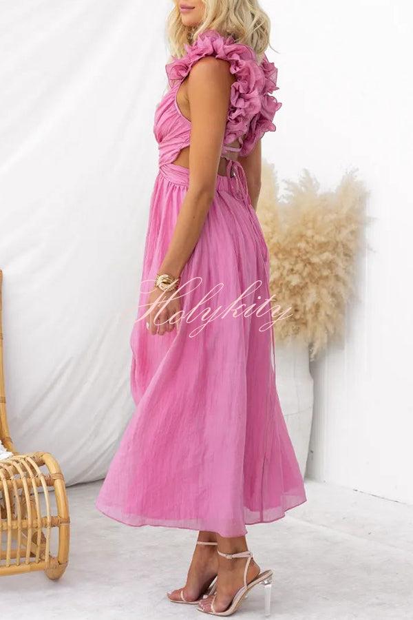 Luxe Lady Floral Ruffle Detail Back Lace-up Elastic Waist Maxi Dress