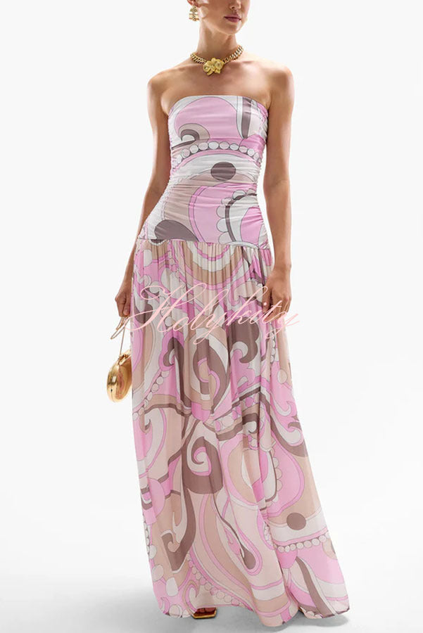 Gorgeous Pastels Unique Print Off Shoulder Low Rise Loose Maxi Dress