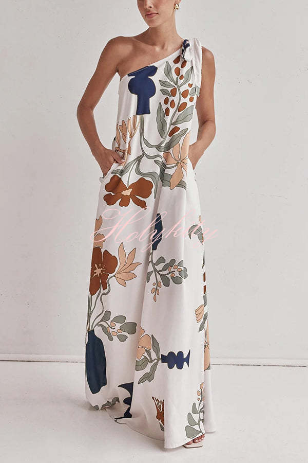 Matches The Vacation Unique Print One Shoulder Tie-up Pocketed Loose Maxi Dress