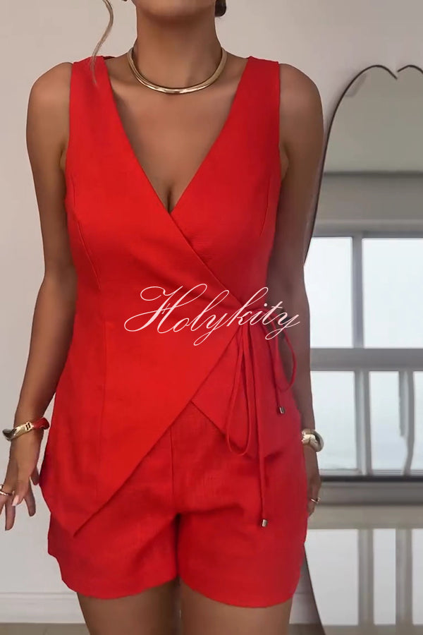 Solid Color Casual Sleeveless V-neck Top and Loose Shorts Set