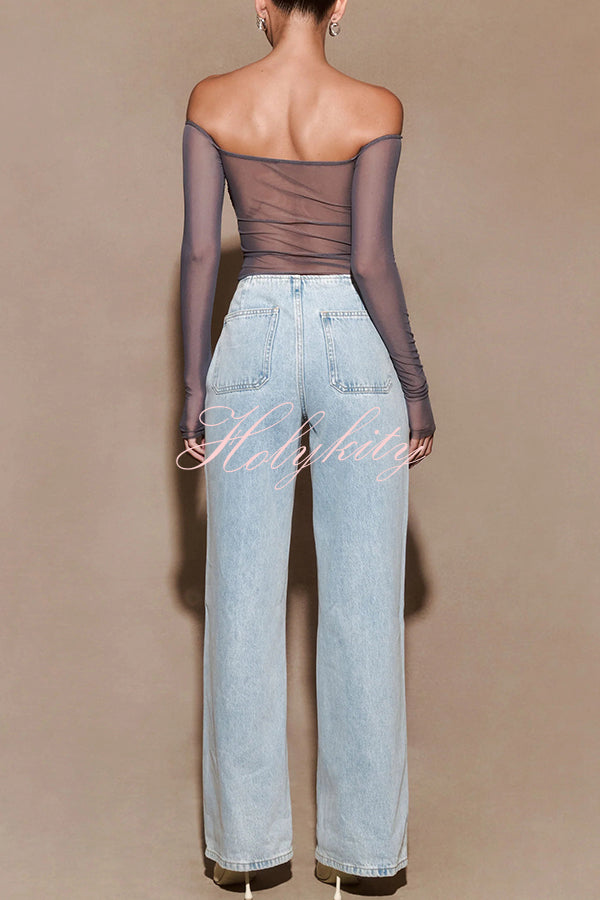 Garcelle Mesh Twist Sequin Bardot Neck Long Sleeve Stretch Top