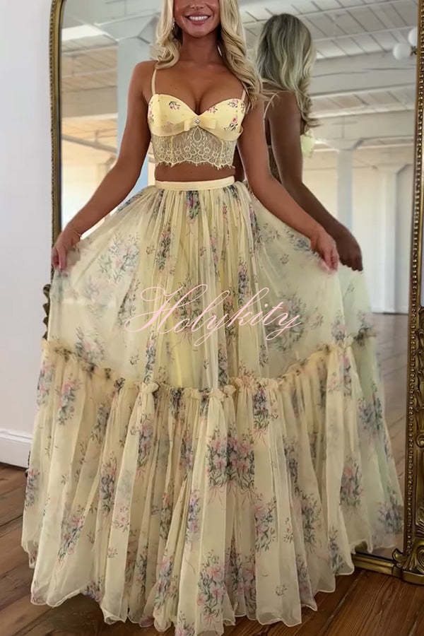 Vita Floral Satin Bow Lace Back Lace-up Crop Tank and Tulle High Rise A-line Maxi Skirt Set