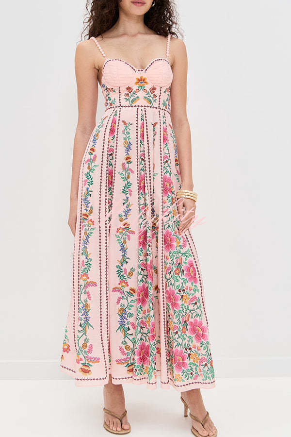 Linen Blend Delicate Forest Unique Print Sweetheart Neck Beaded Straps Maxi Dress
