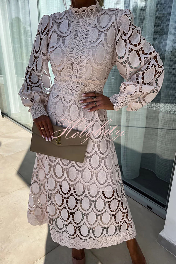 Romantic, Sensual and Elegant Crochet Lace Lantern Sleeve Party Midi Dress