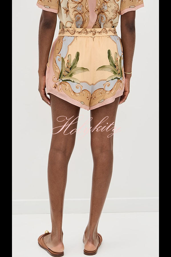 Royalty Unique Print Button Up Short Sleeve Shirt and Elastic Waist Pocketed Loose Shorts Set