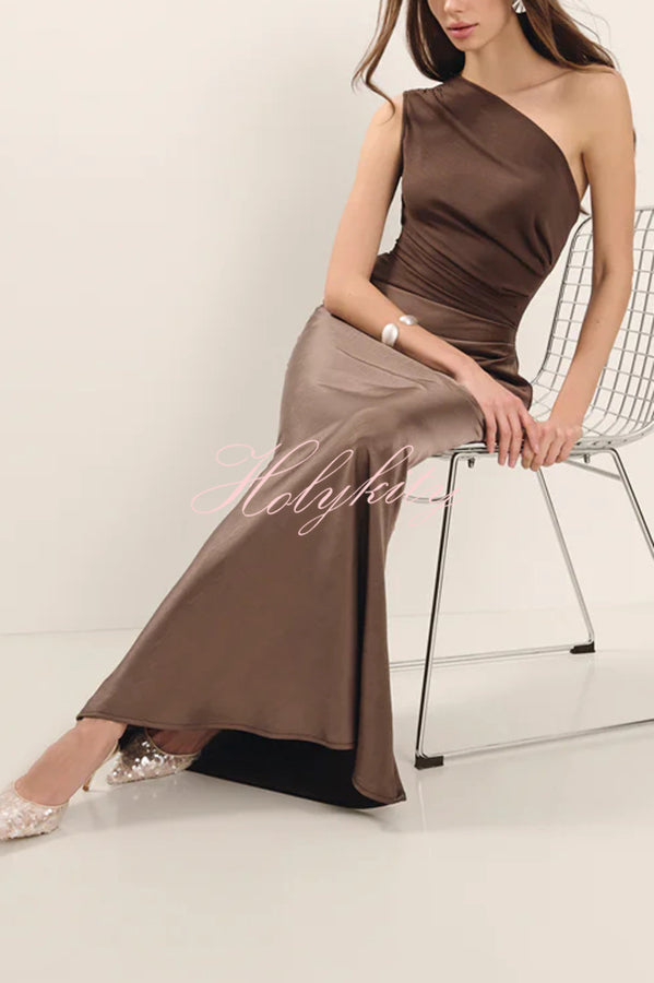 Kaia Satin Contrast Fabric Patchwork One Shoulder Ruched Maxi Dress