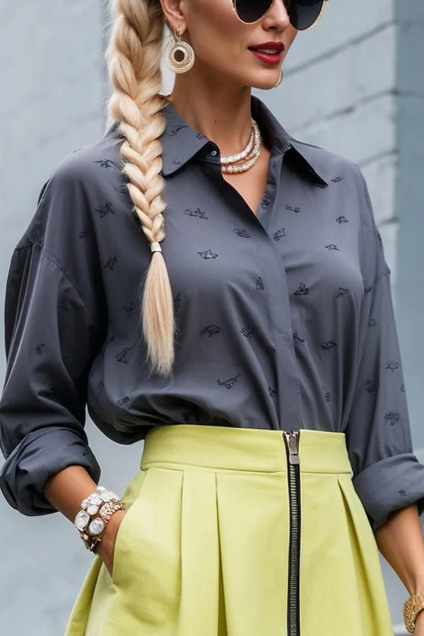 Effortless Charm Printed Button Down Long Sleeve Relaxed Blouse