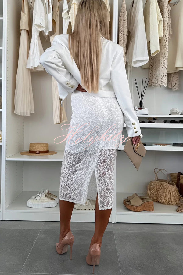 Lesia Floral Lace High Rise Slit Stretch Midi Skirt