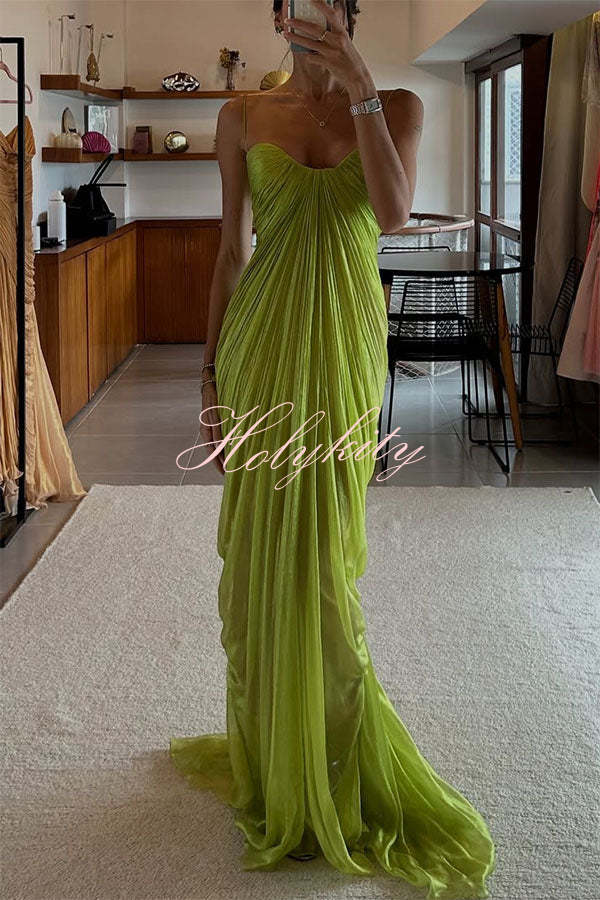 Victoria Shimmering and Flowing Pleated Fabric Back Lace-up Drape Maxi Dress