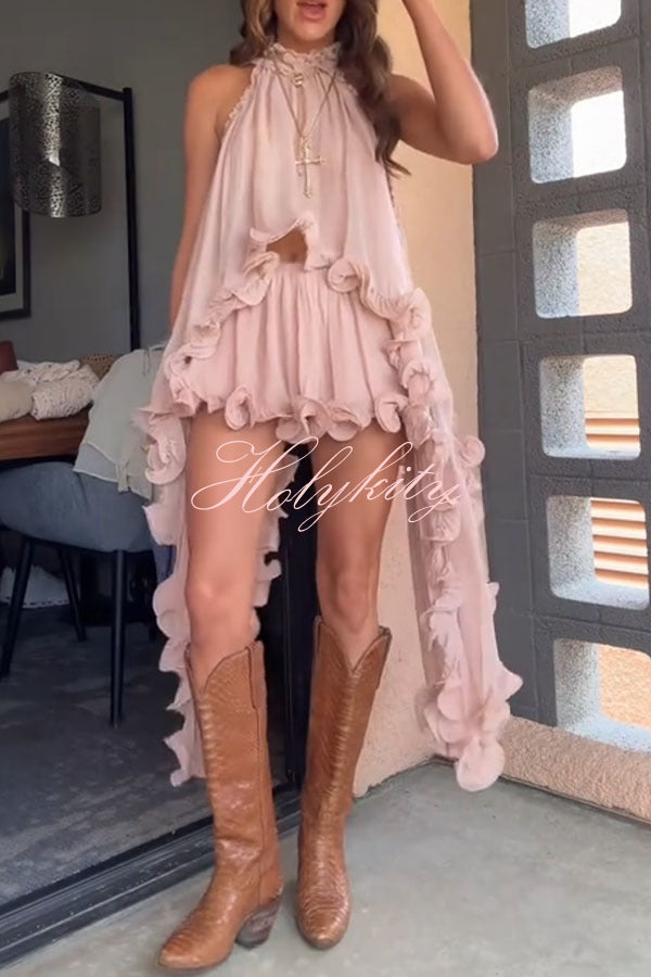 Romantic Drama Chiffon Wavy Ruffles Halter Irregular A-line Top