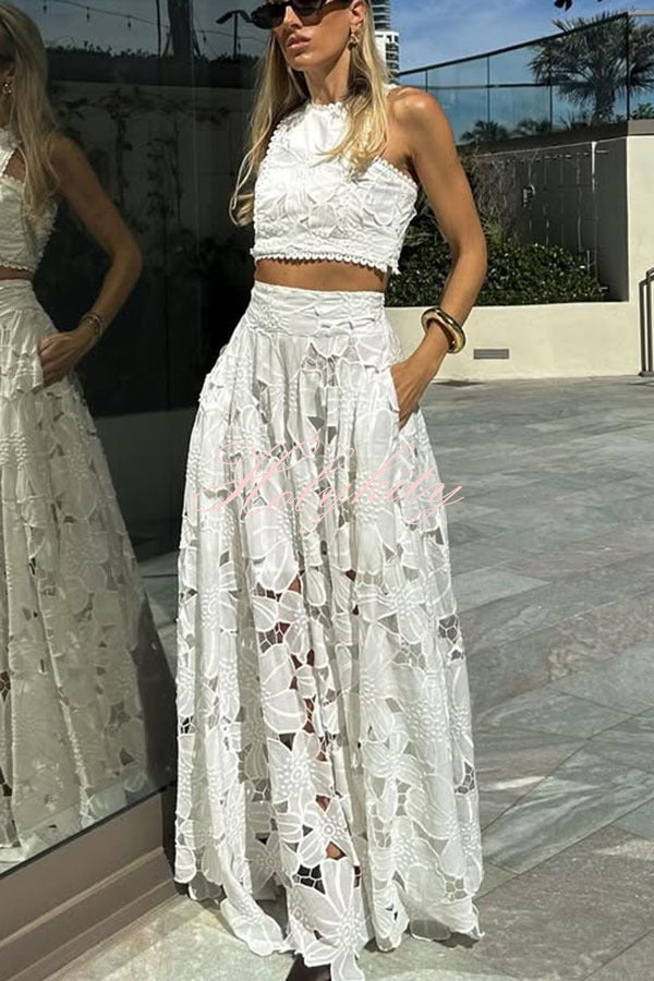 Next Trip Floral Embroidery Crochet Lace Elastic Waist Pocket Maxi Skirt