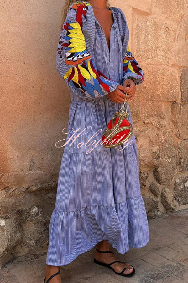 Unique Printed V-neck Lace-up Balloon Sleeves Loose Maxi Dress