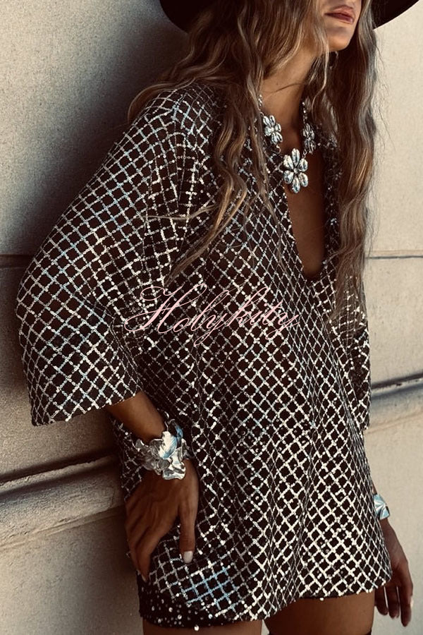 All about Glam Collar Sequin V-neck Half Sleeve Loose Top