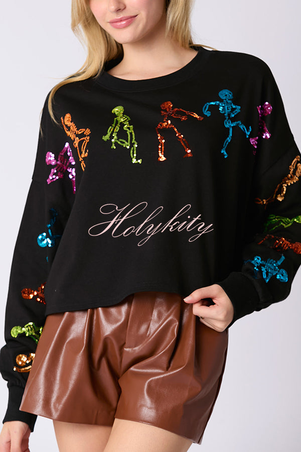 Halloween Skull Sequin Loose Crop Casual Sweatshirt