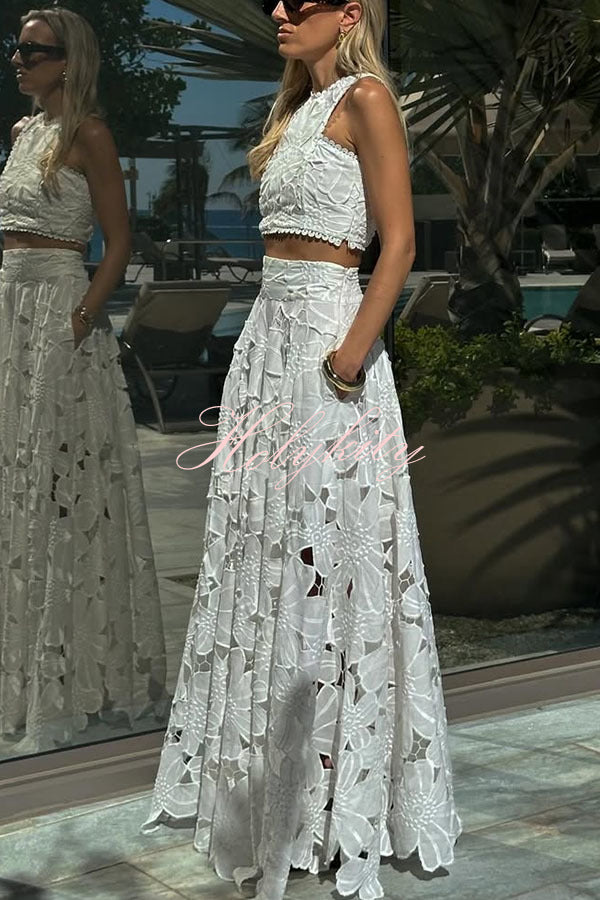 Next Trip Floral Embroidery Crochet Lace Elastic Waist Pocket Maxi Skirt