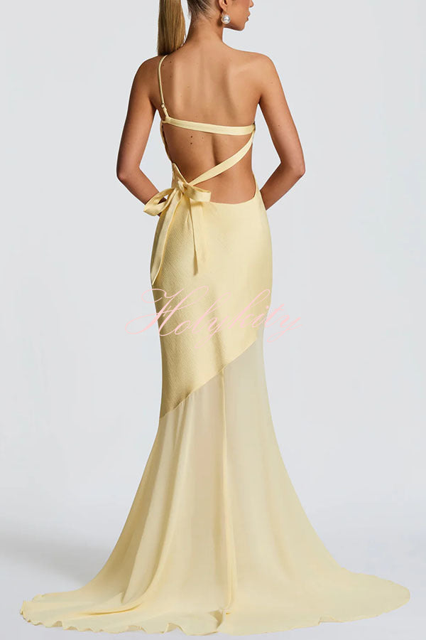 Fable Satin One Shoulder Back Adjustable Straps Contrast Chiffon Hem Maxi Dress